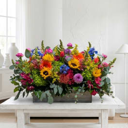 Box of Spring – Vibrant Sunflowers & Mixed Lily Floral Centerpiece