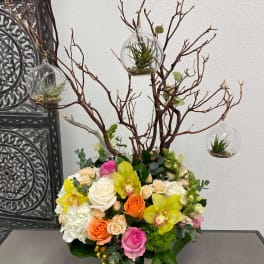 Manzanita Branch with Orchids – Green Cymbidium Orchids, Roses & Terrarium Orbs