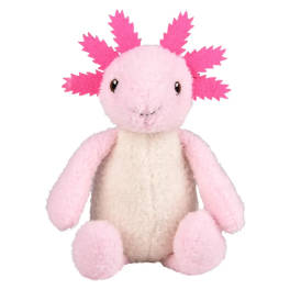 Pink plush axolotl toy with bright frilled gills