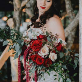 Bride holding a cascading bouquet of red and white roses