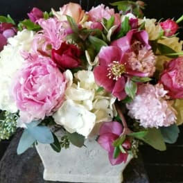 Mixed pink and white flowers arranged in a white vase