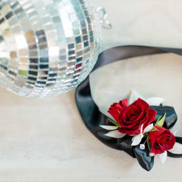 Tie on wrist corsage with wide ribbon