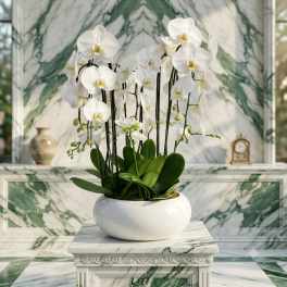 White orchids in a round white planter on a marble pedestal