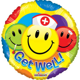 Round foil balloon with smiling faces and the words Get Well