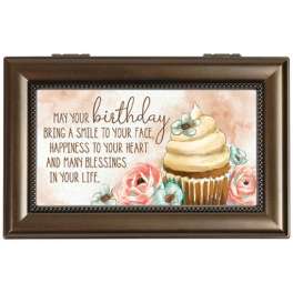 Framed birthday plaque with a cupcake and floral illustration
