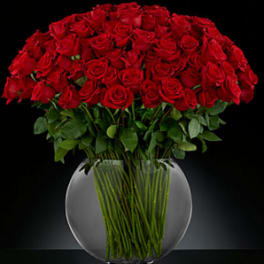 Large bouquet of red roses in a clear glass vase