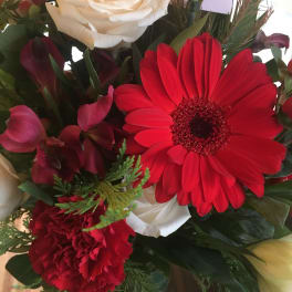 Bouquet of red gerbera daisies, white roses, and red carnations
