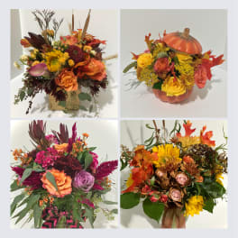 Collage of four fall flower arrangements in warm orange, yellow, and burgundy tones in vases and a pumpkin container