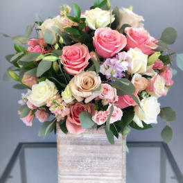 #14 - Tall wood box arrangement Pink & White