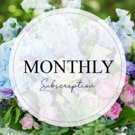 Floral subscription graphic with pastel roses and hydrangeas