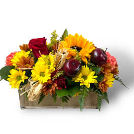 Mixed yellow and red flowers arranged in a rectangular box with decorative apples