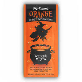 Orange hot chocolate mix packet with a witch graphic
