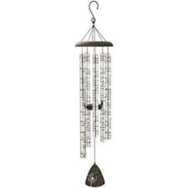 Hanging metal wind chime with a dark clapper and long tubes