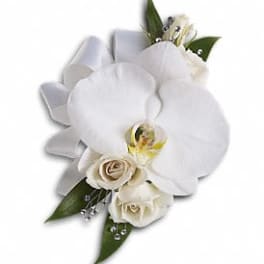 White orchid and rose corsage with green leaves and pearl accents