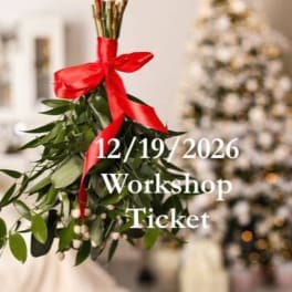 Green holiday wreath with a red ribbon and workshop ticket text