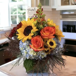 Fall Sunflower, Roses and Blue Hydrangea Cube ~ by Petals