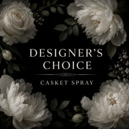 White floral casket spray with roses and peonies on a black background