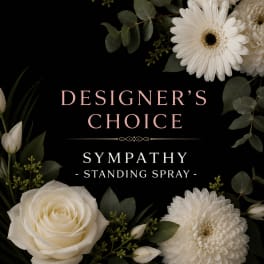 White flowers and greenery around text reading sympathy standing spray