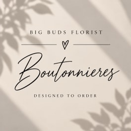 Text graphic reading "Boutonnieres" with soft leaf shadows