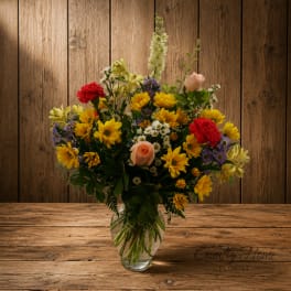 Mixed bouquet of yellow daisies, red carnations, and peach roses in a glass vase