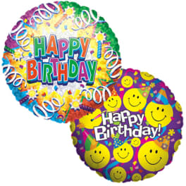 Two colorful birthday balloons with smiley faces and "Happy Birthday" text