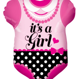 Pink baby girl foil balloon shaped like a onesie