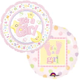 Two pastel baby shower balloons with "It's a Girl" and gender reveal text