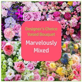 Collage of mixed pink, purple, white, and yellow flowers with text in the center