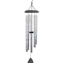 Silver wind chime with metal tubes and a hanging clapper