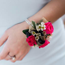Rhinestone corsage with spray roses and waxflower - Pick Up Only