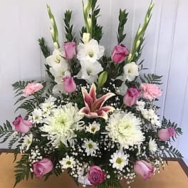 Lavender Roses and White Flowers Basket