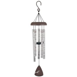 Hanging metal wind chime with silver tubes and a brown top and clapper