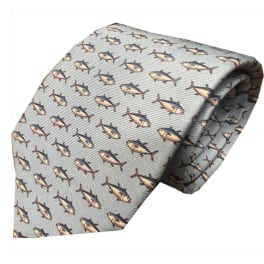 Folded patterned necktie with small fish motifs