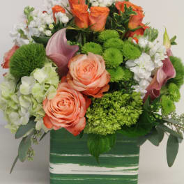 Compact arrangement of peach roses, green mums, and white blooms in a green striped cube vase