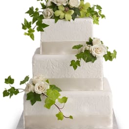 Three-tier white wedding cake with white roses and ivy
