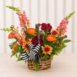 Basket arrangement with orange, pink, and burgundy flowers and a striped ribbon