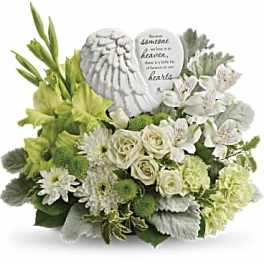 White and green sympathy arrangement with angel stones
