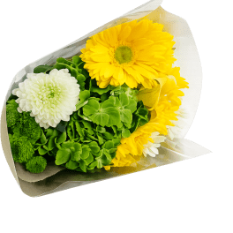 Yellow and white flowers wrapped in white paper