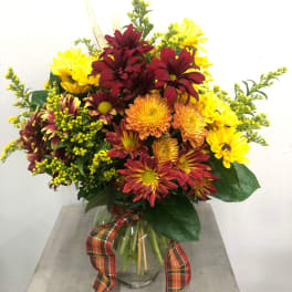 Bouquet of yellow and burgundy chrysanthemums in a glass vase with plaid ribbon