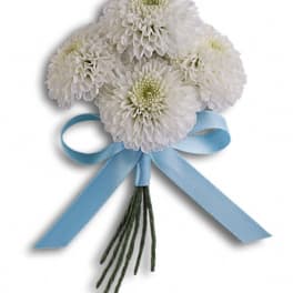 White chrysanthemum bouquet tied with a light blue ribbon