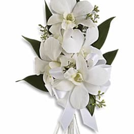 White orchid bouquet with ribbon wrap