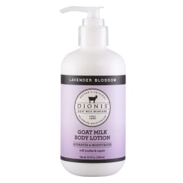 Bottle of lavender blossom goat milk body lotion with a pump dispenser