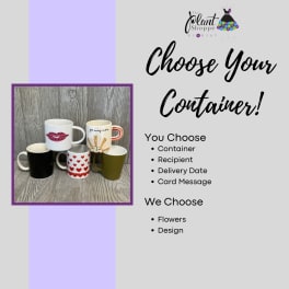 Assorted decorative mugs displayed as container options