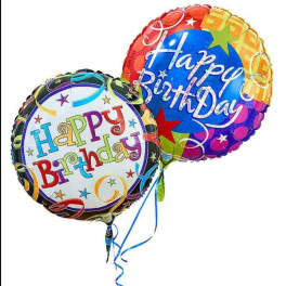 Two colorful birthday balloons with ribbon tails