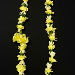 Yellow and white flower lei on a black background