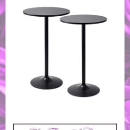Two black round cocktail tables with metal bases on a promotional sign