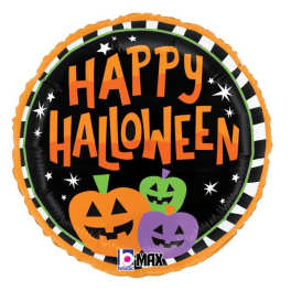 Round Halloween balloon with orange lettering and jack-o'-lanterns