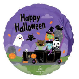 Purple Halloween balloon with cartoon ghosts, cats, and a spooky car