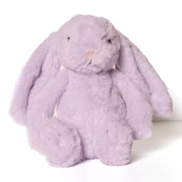 Lavender plush bunny with floppy ears on a white background