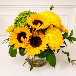 Yellow sunflowers and mums arranged in a clear glass vase